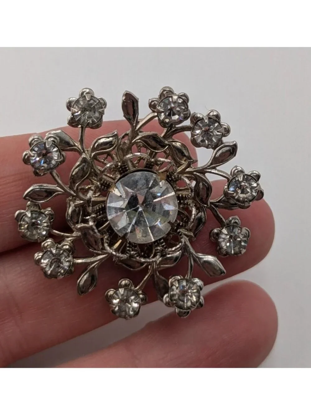 Vintage Floral Rhinestone Brooch Silver Midcentury Glam Pin